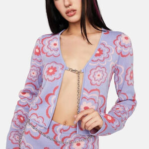 The Ragged Priest Free Bird Knit Top Open Front Cardigan Purple Pink Floral XS